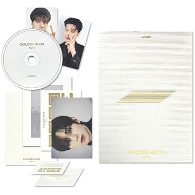 ATEEZ - [GOLDEN HOUR : Part.1] (DIARY Ver.) Invitation + Photo Frame + Postcard Set + Envelope + Photobook + Postcard + Photocard + Sticker + Bookmark + Disc + 2 Pin Badges + 4 Extra Photocards