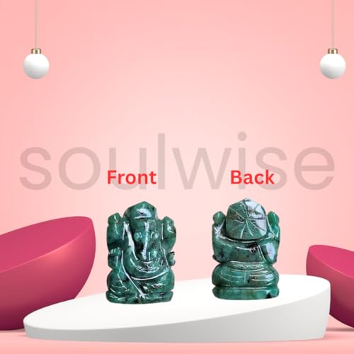 Image of SOULWISE Natural Emerald Gemstone Lord Ganesha Idol Hand Carved Crystal Ganesh Murti for Home Temple Vastu Spiritual Decor Meditation Altar Ganpati Statue Gift