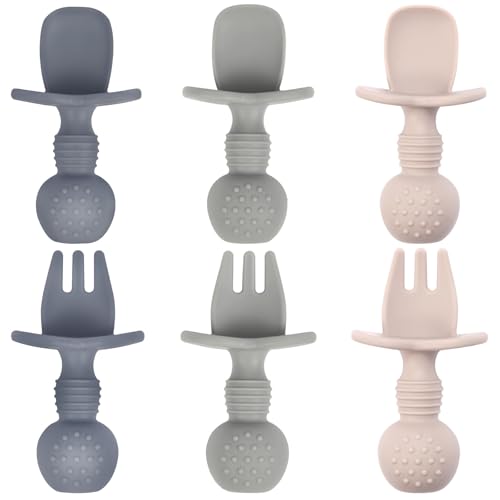 Image of Eascrozn Baby Utensils, 3 Pack Silicone Forks and Spoons Set, Baby Spoons Self Feeding 6+ Months, BPA Free, Baby Led Weaning Feeding Supplies, Dishwasher Safe