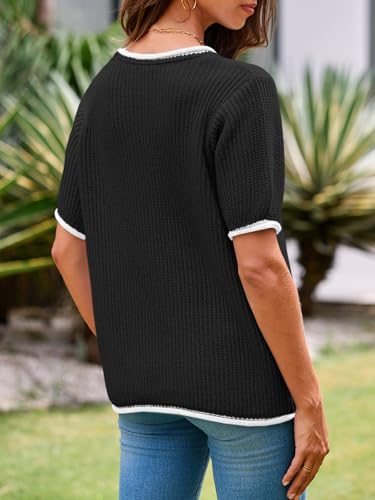 Image of Saodimallsu Womens Puff Short Sleeve Sweater Tops Spring Summer Color Block Ribbed Knit Crew Neck Going Out Shirts