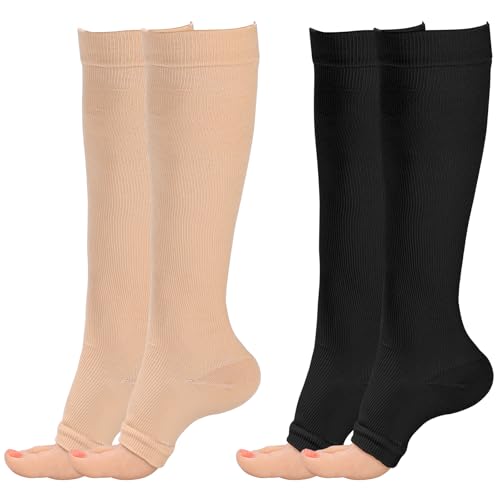 2 Pairs Compression Socks for Women & Men,Flight Socks Compression Stockings Knee High Pressure Support Flight Stockings for Maternity Pregnancy Nurses Flying Varicose Veins (Toeless-Nude+Black, L/XL)