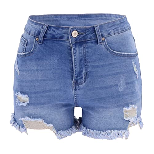 JEKE-DG Women Mid Rise Ripped Stretchy Jeans Casual High Waisted Denim Shorts Frayed Raw Hem Distressed Jean Shorts (X-Large,Blue)