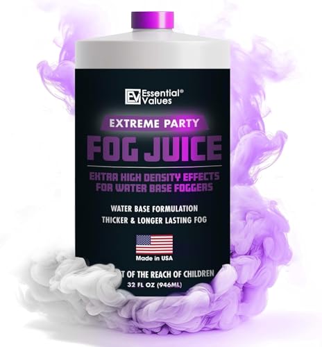 Essential Values Fog Machine Liquid - Long-Lasting Fog Juice for Smoke Machine Extreme High-Density, 32oz/Quart – Manufactured in USA – Water Based Foggers 700+ Watt Machines
