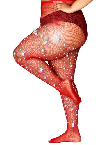Image of HONENNA Queen Plus Size 10X Strong Rhinestone Fishnet Stockings, Ultra Sparkly High Waist Tights for Women, Party Concert
