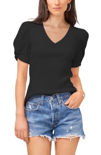T-shirt été femme noir L top manches courtes col rond léger