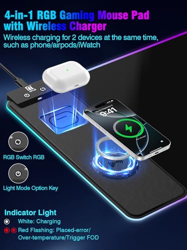 Image of Mouse Pad with Magnetic Wireless Charging, Large Desk Pad Protector, RGB Black Mousepad Desk Mat with 15W Fast Charger, 4mm Thick Non-Slip, Waterproof Laptop Writing Pad for Office, Home, Gaming