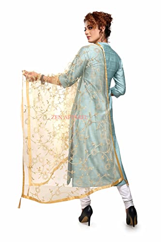 Image of ZEN APPAREL Women's Embroidered Net Dupatta with Lace Borders (Z-101) Premium Net Fabric Golden Aari Work