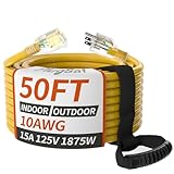 50ft 10 Gauge Outdoor Extension Cord Waterproof with Lighted Indicator,10 AWG SJTW Heavy Duty 15Amp 1875W,3 Prong Cords Flexible Copper Yellow ETL Listed