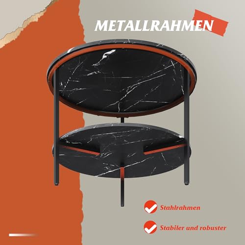 WLIVE Couchtisch Rund, Wohnzimmertisch Holz mit 2 Ebenen, Sofatisch mit viel Stauraum, für Wohnzimmer, Schlafzimmer, Modern Design, Marmor Schwarz – Bild 8