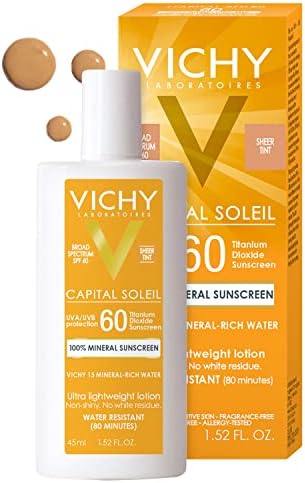 Vichy Capital Soleil Tinted Mineral Sunscreen for Face SPF 60, Titanium Dioxide Face Sunscreen, Travel Size Sunscreen, Water Resistant, Light weight Sun Protection Creams, Gels, & Lotions