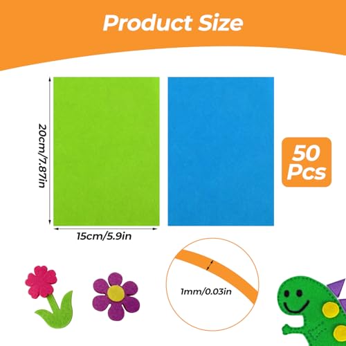 50 Farben Bastelfilz, Polyester Filzplatten 15 x 20 cm Bunte Filz zum Basteln 1mm Filzstoff Felt Fabric mit Bunter für DIY-Projekte Handwerk Nähen Projekte Patchwork Decoration