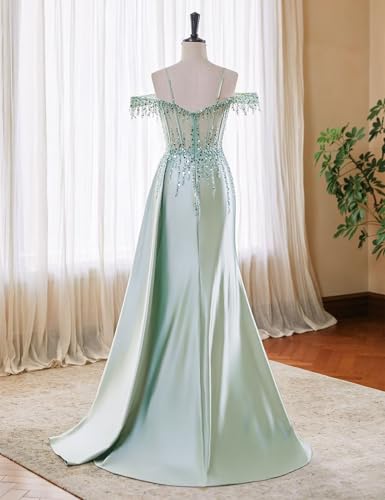 ForElise Women's Off Shoulder Satin Prom Dresses 2025 Long Slit Beaded Mermaid Corset Formal Evening Gown3