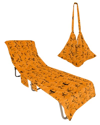 Halloween Beach Chair Towel Covers for Chaise Lounge with Side Pocket, Soft Plush Pool Towels Cover for Patio Sunbathing Outdoor 29''x85'' Orange Spooky Pumpkin Horror Watercolor
