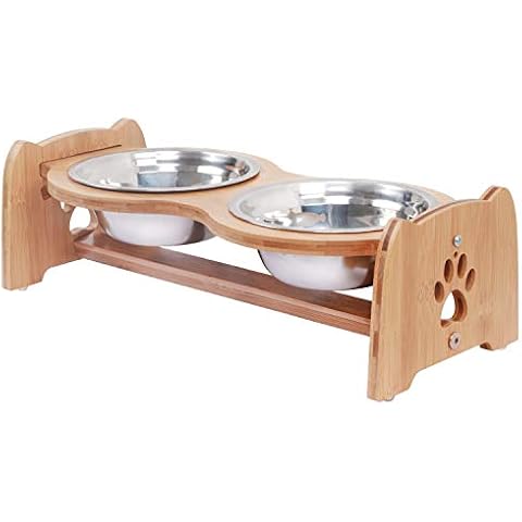 X-ZONE PET Raised Pet Bowls for Cats and Dogs, Adjustable Bamboo Elevated Dog Cat Food and Water Bowls Stand Feeder with 2 Stainless Steel Bowls and Anti Slip Feet Cover