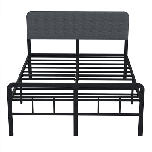 EMODA 16 Inch Queen Bed Frame with Upholstered Headboard and Metal Footboard, Heavy Duty Metal Slats Support Mattress Foundation, No Box Spring Needed, Easy Assembly