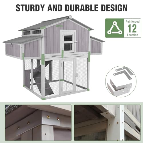 Image of Large Chicken Coop with Unique Folding Design for 4-6 Chickens - Elevated Outdoor Chicken House Backyard Duck Cage with 2 Nesting Boxes, Easy Clean Pull-Out Tray, Asphalt Roof (Grey)