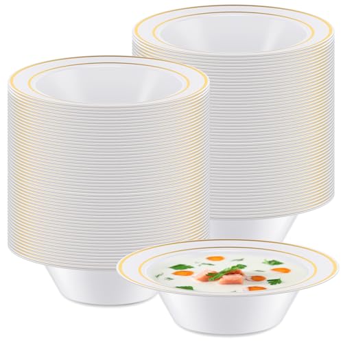 Nitial 50 Pcs 6 oz Plastic Party Bowls Elegant Dessert Bowls Disposable Dinnerware White Plastic Bowls for Wedding Holiday Catering Home Event Party Supplies Serving Tableware (Gold Trim)