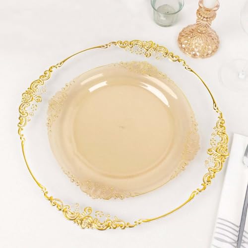 Efavormart 10 Pack | Vintage Transparent Gold Baroque 10\" Round Plastic Dinner Plates, Disposable Tableware with Leaf Embossed Gold Rim