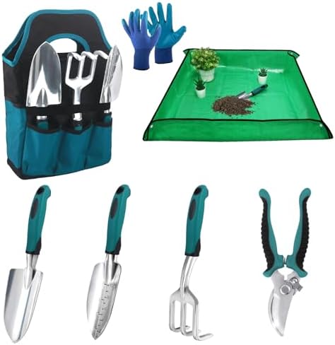 Garden Tools Sets, Gardening Tool Set with 39.3 in Repotting Mat, 7 Piece Gardening Kit with Non Slip Ergonomic Handle, Heavy Duty Garden Tool Bag Gardening Supplies for Women and Men