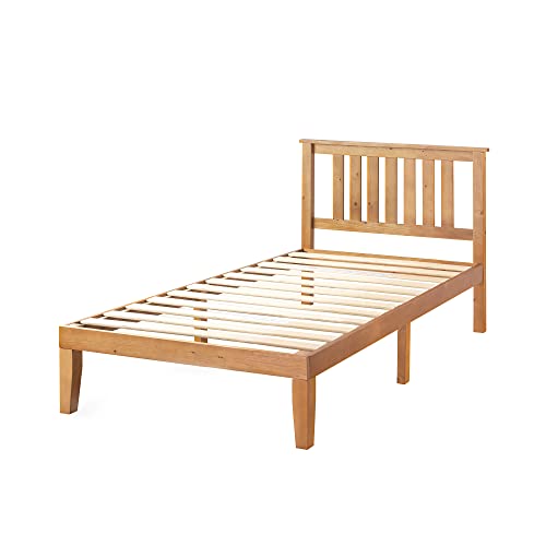 Mellow Marley 14 Inch Solid Wood Platform Bed with Paneled Headboard, Natural Pine, Twin