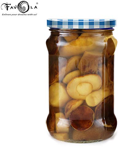 Image of Favola Essentials Round Lug Glass Jar, Check Blue Lid, 200 ml, Set of 4, Clear
