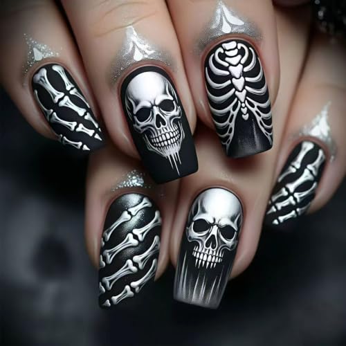 Press on Nails Halloween Silver Skull Ribcage Bone Medium Square Fake Nails