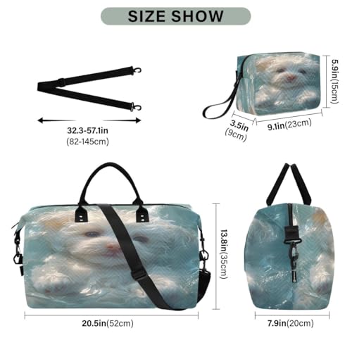 White Dog Puppy Animal Travel Duffle Bag Gym Bag Weekender Bags with Toiletry Bag Travel Trip Tote Bag3