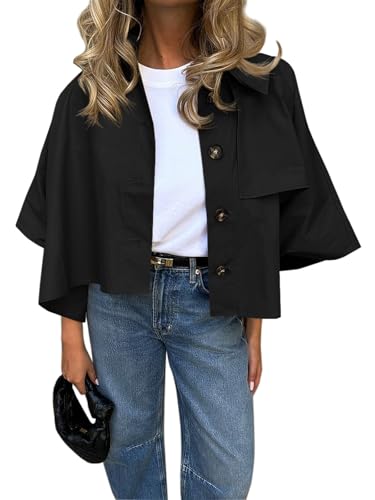 Image of Cicy Bell Womens Oversized Cropped Trench Coats Single Breasted 3/4 Cape Sleeve Trendy Casual Jackets Button up Outerwear