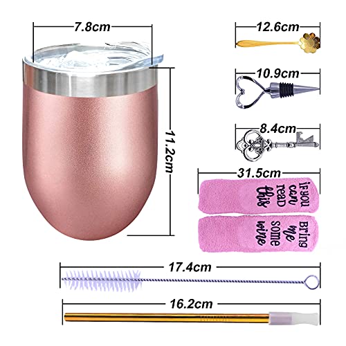 Vaso de vino de acero inoxidable con calcetines de vino, regalo de 250 ml, doble pared, con tapa y cepillo de pajita… - Imagen 8