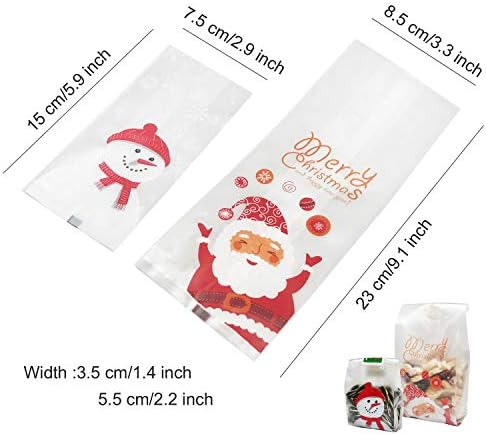Christmas Cookie Bags Snack Bags Plastic Cookies Bakery Candy Treat Bags for Gift Giving Wrapping Packaging Bags Toaster Bags Santa Claus Snowman Snowflake 100 Pack Cookie Sealing Stickers