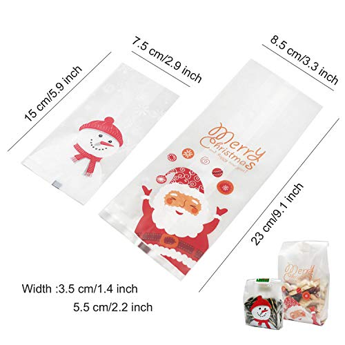 Christmas Cookie Bags Snack Bags Plastic Cookies Bakery Candy Treat Bags for Gift Giving Wrapping Packaging Bags Toaster Bags Santa Claus Snowman Snowflake 100 Pack Cookie Sealing Stickers