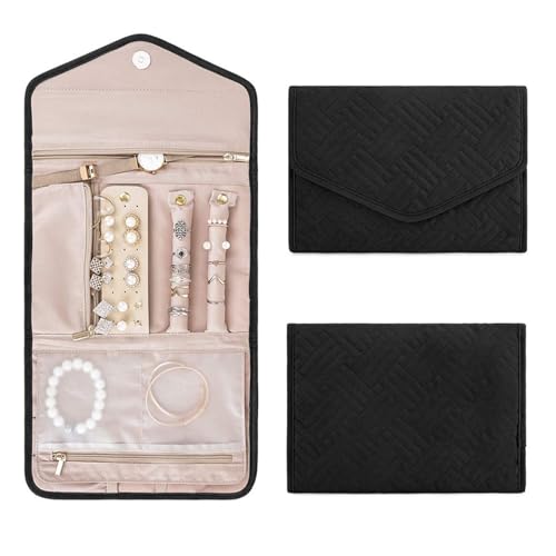 Aucuu Portáti Bolsa de Almacenamiento de Joyas, Organizador de Joyería Plegable, Bolsa de Rollo de Joyería de Viaje Organizador para Collares Pendientes Anillos Pulsera - Negro