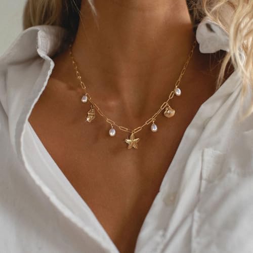 Charm Necklace for Women - Dainty Gold Beach Necklace Cute Shell Necklaces Charm Accessory Beach Starfish Pendant Preppy Stuff Summer Jewelry2