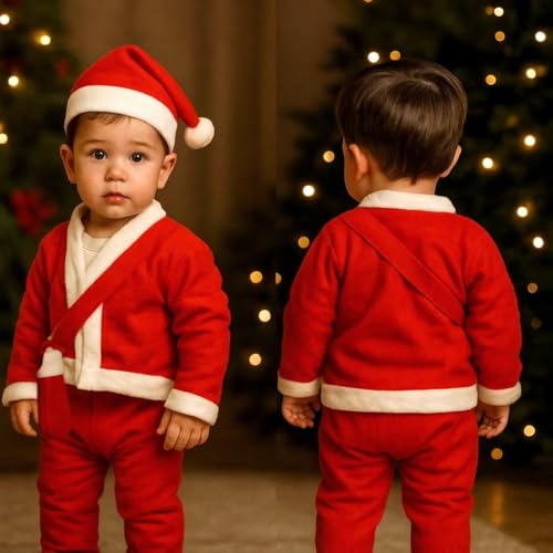 Image of PoPo Toys Santa Claus Costume for Christmas Children 1-3 Years| Red Santa Suit with Fur Trim, Belt, Hat & Beard | Xmas Party & Fancy Dress Outfit Size 0