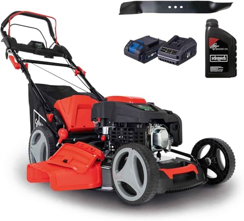 Scheppach Benzin Rasenmäher MS225-53E mit E-Start | Radantrieb | 6PS | 53 cm Schnittbreite | 7-fache Höhenverstellung | 65 Liter Fangkorb | Mulchfunktion | Reinigungsfunktion | inkl. Öl & Ersatzmesser