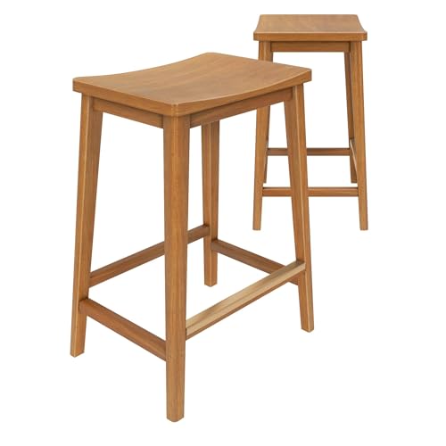 Plank+Beam Smythe Counter Stool, 24\", Set of 2, Sturdy Wood Modern Kitchen Counter Height Stool, Saddle Seat Backless Counter Chair, Metal Footrest, Pecan