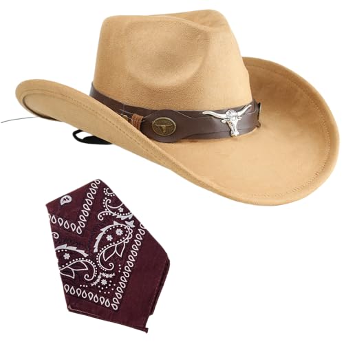 Carnavalife Sombrero cowboy vaquero unisex con pañuelo marrón western mujer hombre disfraces fiestas Halloween rodeo cosplay accesorio tematico (Cuerno Salvaje+Pañuelo marrón, Beige, Adulto 57 cm)