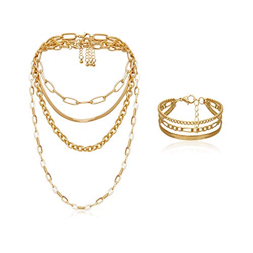 Dainty Gold Paperclip Snake Chain Layered Necklace Bracelet Set Cool Chunky Link Herringbone Tiered Choker Bangle for Women Girls Bar Party Sexy Punk Hip Hop Jewelry Set-4layer