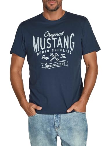MUSTANG Tshirt Herren Regular Fit Rundhals Kurzarm Sommer Tee Shirt Logoprint Baumwolle, Größe:L, Farbe:Mood Indigo (1001139-5228) – Ansicht 1