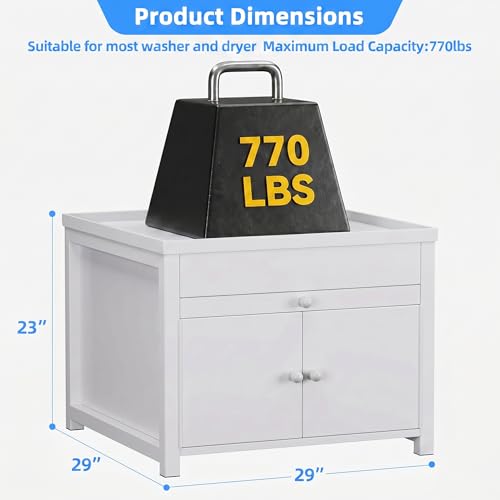 Image of Washer and Dryer Pedestal with Storage, 29 Inch, 23 Inch High | White metal stand with pull-out shelf, enclosed cabinet, drainage opening, 770 lb capacity, and required assembly.