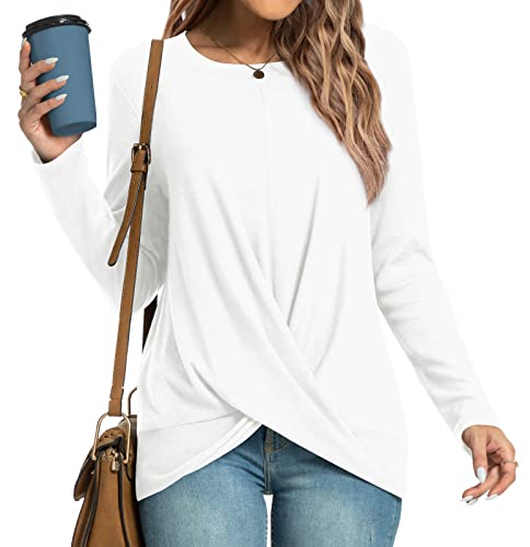 HOTGIFT Womens Tunic Tops Long Sleeve Shirts Fall Winter Casual Crewneck Sweaters Front Twist For Leggings White Medium