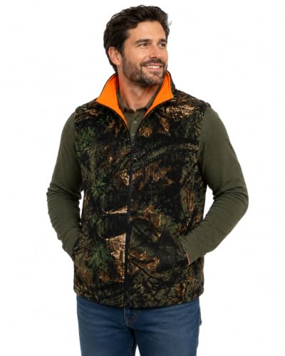 Image of Men's Reversible Camo / Buffalo Red Plaid & Orange Fleece Hunting Vest
