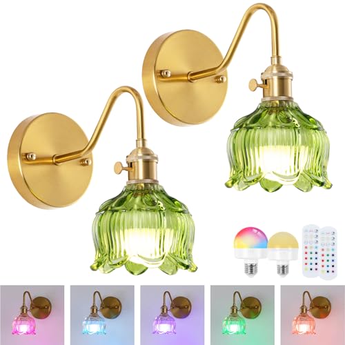 JERANDO Battery Operated Wall Sconce with Green Glass Shade, Modern