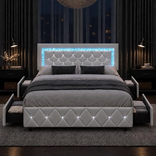 BarnFurin King Size Bed Frame with LED Headboard and Storage Drawers,White