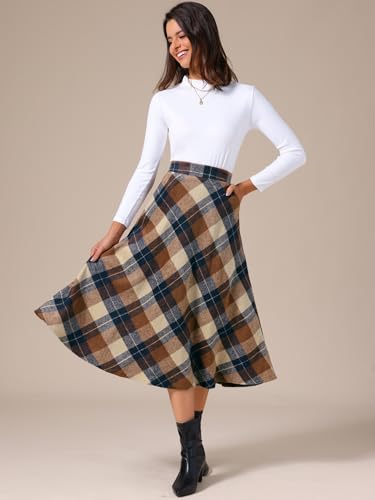 Allegra K Women's Tartan Plaid High Waist A-Line Vintage Pleated Long Skirt with Pockets3