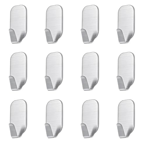mxtechnic Adhesive Hooks for Hanging, 304 Stainless Steel Stick On Wall Hooks, Heavy Duty No Drill Metal Hooks for Towels, Coats, Hats, Keys, Kitchen and Bathroom, Polished Silver