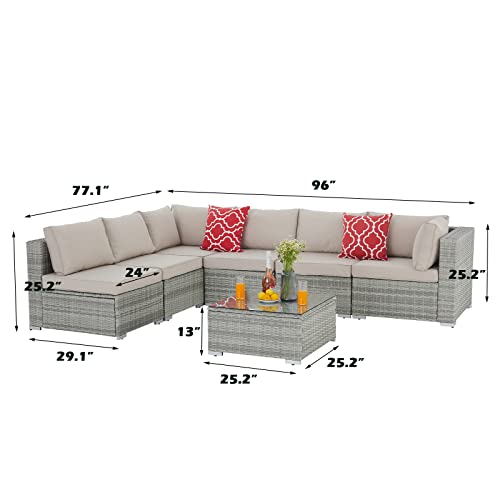 Jeteago Patio Conversation Set 7 Pieces Outdoor Rattan Sectional Sofa All-Weather Wicker Furniture Set With Washable Cushions & Glass Coffee Table For Garden, Poolside, Backyard #TOP2