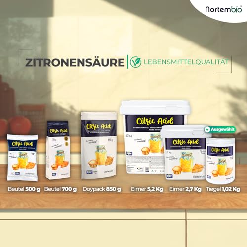 Nortembio Zitronensäure 1,02 kg – E330 Lebensmittelqualität – 100% reines Pulver ohne Gentechnik – Vielseitiges Säuerungsmittel zum Backen, Konservieren & Käseherstellung – Inkl. E-Book