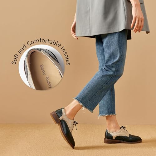 Image of BEAU TODAY Oxford Shoes for Women,Leather Brogue Dress Shoes,Comfort Brethable Ladies Lace-up Handmade Wingtip Shoes for Business Work
