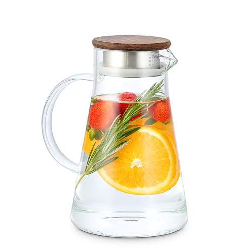 Econovo® Glaskaraffe mit Deckel, Karaffe aus Glas 1,5L, Wasserkaraffe mit Holzdeckel & Sieb, Glas-Krug spülmaschinenfest für kalte & heiße GetränkeWasser Eistee Wein Kaffee Milch und Saft 1500ml